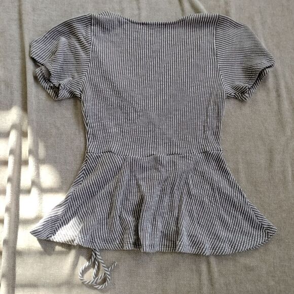 Caution To The Wind Grey and White Striped Peplum V Neck - Picture 2 of 6